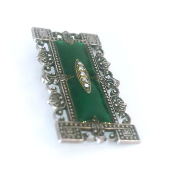 Vintage Catherine Popesco Rectangular Silver Tone Green Brooch Art Deco Nouveau - Picture 3 of 4